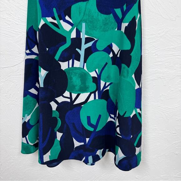 Ann Taylor Green Blue Floral Ruffled A Line Dress Womens 14P Belted Modest - Picture 2 of 9